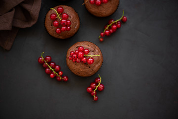 Top view on chocolate muffins decorated red currant berries on dark wooden background. Flat lay. Soft focus