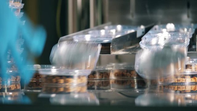 A person takes many containers with dried breads from a factory line.