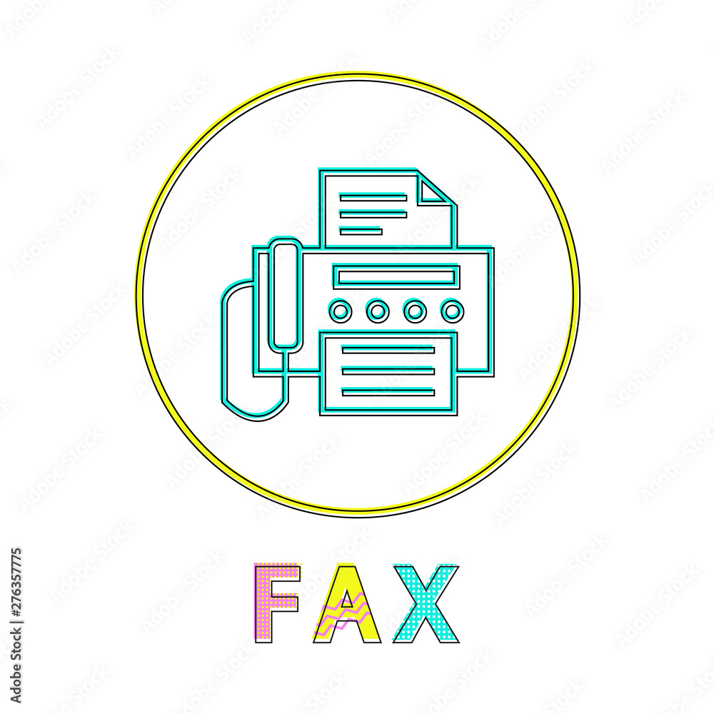 Poster fax round linear icon with machine and document. device to send papers symbol on button colorful out