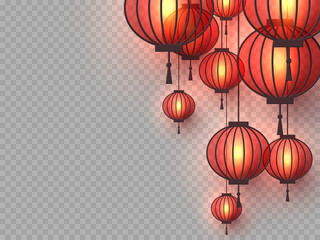 3d Chinese hanging lanterns with glowing lights. Decorative paper cut elements for Chinese New Year, festivals or holiday background. Isolated on transparent. Vector illustration. © ludmila_m