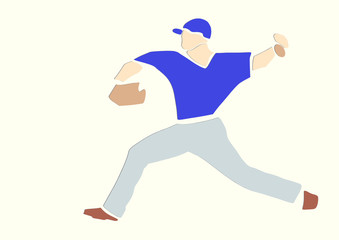 Pitcher throwing ball. One baseball player in motion. Active pose. Applique or paper cut style. Colorful vector illustration.