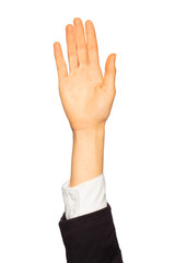 Female hand in uniform showing five fingers