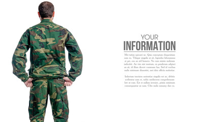 Man in military uniform, camouflage on white background isolation, back view