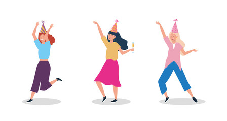 set of women dancing with party hat