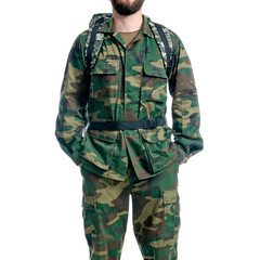 Man in military uniform, camouflage with backpack on white background isolation