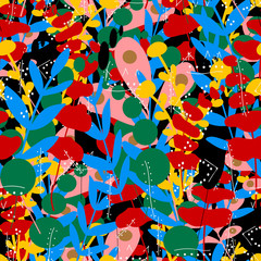 abstract bush drawn with blue and red colored plants with a black background