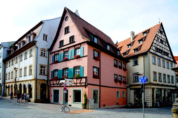 Wood-framed or timber-framed homes in the old German architectural style in Bamberg, German