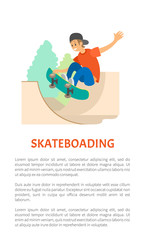 Fototapeta na wymiar Skateboarding and skate part, teenager on skateboard vector. Extreme sport or outdoor activity, jumping on board, boy in cap and jeans showing trick