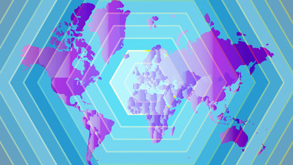 Illustration of globe map with geometric shapes pattern imposed.