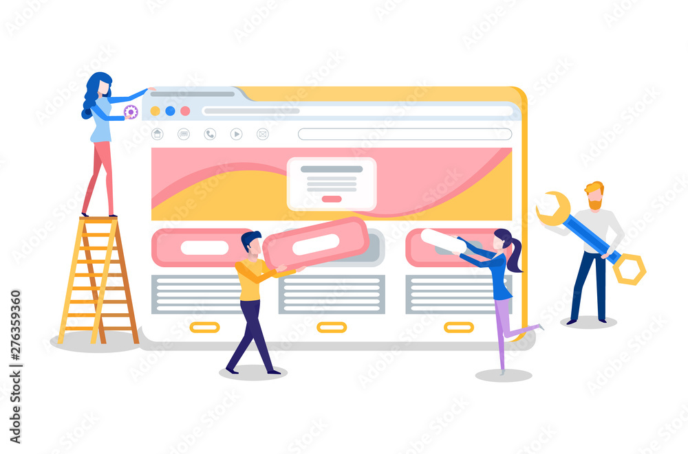 Poster web site creation, browser and online page, internet tab. programmer adding details to website, woma
