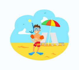 Boy on beach vector, summertime hobby of child, active relaxation in summer. Kid wearing equipment for snorkelling and diving underwater, flat style