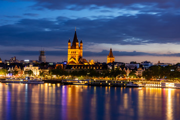Riverside of the river Rhine in Cologne at night