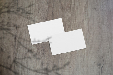 Business card Mockup. Natural overlay lighting shadows the leaves. Business cards 3.5x2 inch. Scene of Leaf Shadows.