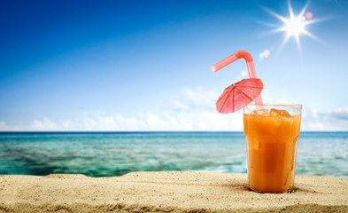 Summer drink on beach and sea landscape 