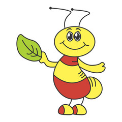 A cheerful beetle in a cartoon style holding a leaf of a tree.