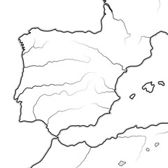 Map of The SPANISH Lands: Spain, Portugal, Iberia, Galicia, Catalonia, Valencia, Andalusia, León, Aragón & Castilla, Navarra, Asturias, Basque Pays, The Pyrénées. Geographic chart with coastline.