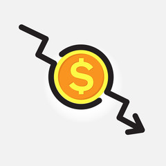 dollar rate increase, money symbol with arrow down, vector illustration