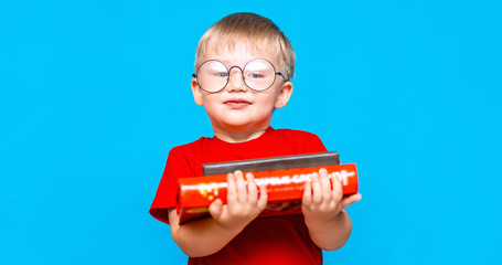 smiling Little boy in round glasses holding a stack of books. education. ready to school