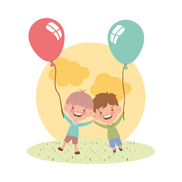 baby boys smiling with helium balloons in hand