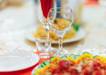 Empty glasses set in restaurant. Catering service concept