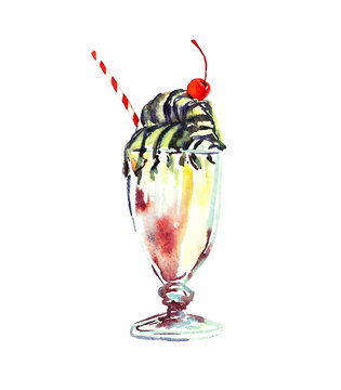 Milkshake with straw and cherry on the top, watercolor hand painted illustration