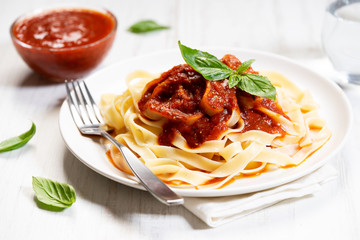 Pasta, fettuccine with tomato sauce
