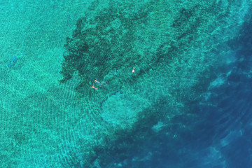 Father and son snorkels through tropical, turquoise waters, aerial view