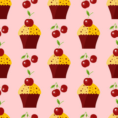 Seamless pattern with cupcakes and cherries on the light pink background. Endless food texture for design.