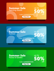 simple modern fresh vibrant color web banner set summer sale sporting goods, fashion, home and garden changeable catagory with coupon and shop now button