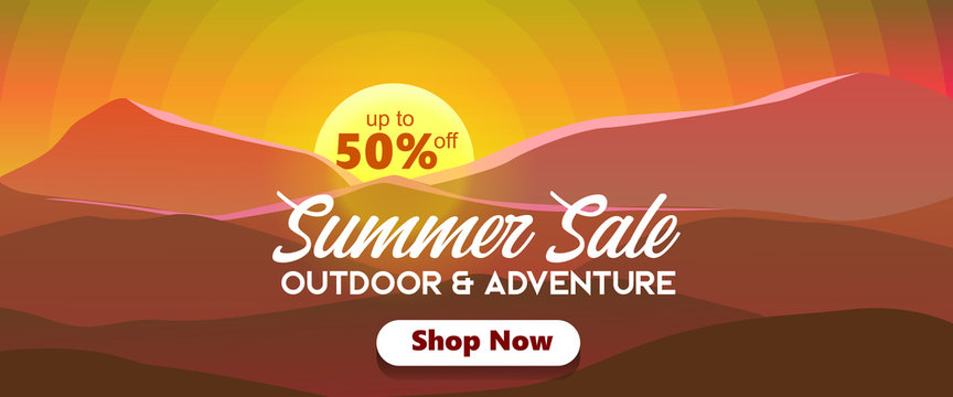 outdoor and adventure catagory summer sale up to 50% with sunrise on the mountains sillhouette background web banner illustration