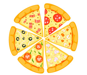 Fresh pizza with tomato, cheese, olive, sausage, onion, basil. Traditional italian fast food. Top view meal. European snack. Isolated white background. EPS10 vector illustration.