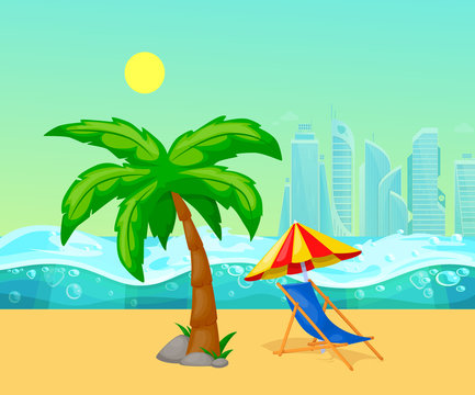 Summer tropical beach with palm trees lounger under