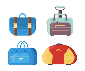 Various bags with handles, straps and clasps for traveling.