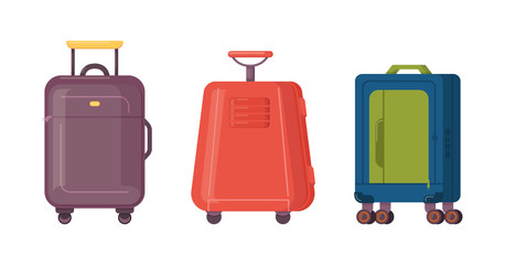Set of plastic, metal and leather suitcases, luggage cases.