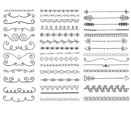 Hand drawn vector dividers. Lines, borders and laurels set. Doodle design elements.