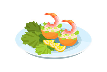 Delicious dish - shrimp, with a delicate salad, greens and lemons.