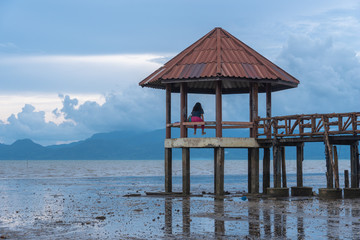 wooden bridge along the black beach..pavilion at black beach view point Trat Thailand