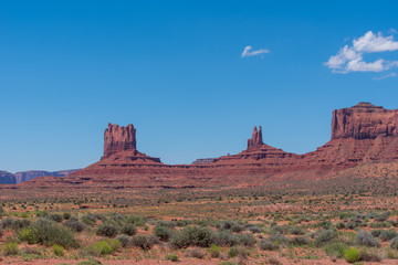Fototapeta premium Landscape of red rock buttes or monoliths and desert greenery at Valley of the Gods in Utah
