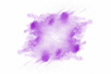 Fototapeta na wymiar Explosion of violet dust on white background.