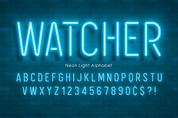 Neon light 3d alphabet, extra glowing font.