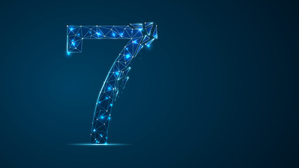 number seven 2D low poly abstract illustration consisting of points, lines, and shapes in the form of planets, stars and the universe. Vector digit 7 wireframe concept.