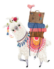 cute cartoon lama with bird © cofeee