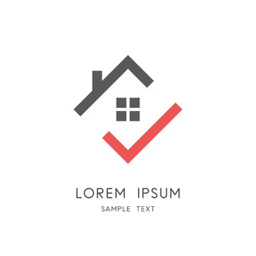 Home and check mark logo - house roof with chimney and window and red tick symbol. Real estate and realty vector icon.