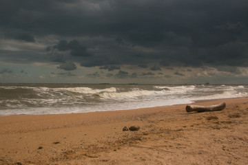 Storm waves on the sandy shore of the Azov sea