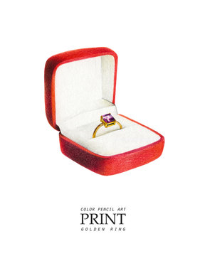 Golden engagement ring with a diamond in a red box. Illustration drawn with colored pencils. Women's gold jewelry.