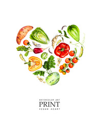 Watercolor vegetables laid out in the form of a heart. Print for clothes, textiles, bags or postcards, covers. Drawn cabbage, potatoes, tomatoes, peppers and others.