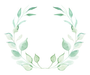 Illustration of watercolor drawing decorative elements of green plants and leaves in the form of frames on an isolated white background.