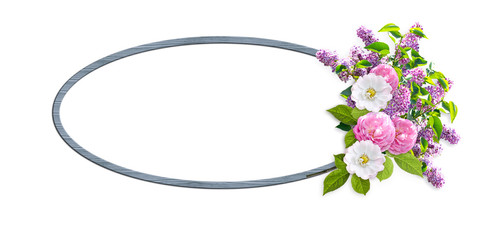 Wooden round frame with bouquet consists of lilacs and rose flowers and place for your photo or text isolated on white background. Copy space.
