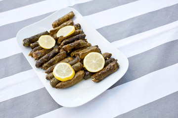 Stuffed grape leaves with olive oil and lemon slices