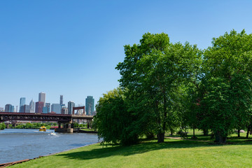 Trees along the Chicago River with the 18th Street Bridge and the Skyline in the background at Ping Tom Memorial Park in Chinatown Chicago